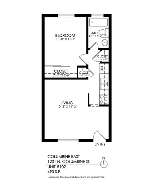 A drawing of a floor plan for a one bedroom apartment.
